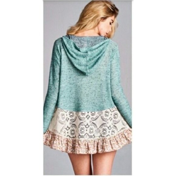 NWOT Boutique Hooded Ruffle Hem Mint Marled Knit Tunic Mini Dress - Picture 5 of 16